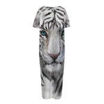 Watercolor White Bengal Tiger Print Short Sleeve Long Nightdress