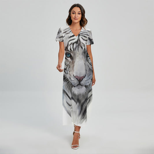 Watercolor White Bengal Tiger Print Short Sleeve Maxi Dress