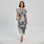 Watercolor White Bengal Tiger Print Short Sleeve Maxi Dress