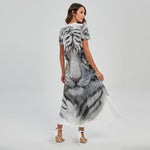 Watercolor White Bengal Tiger Print Short Sleeve Maxi Dress