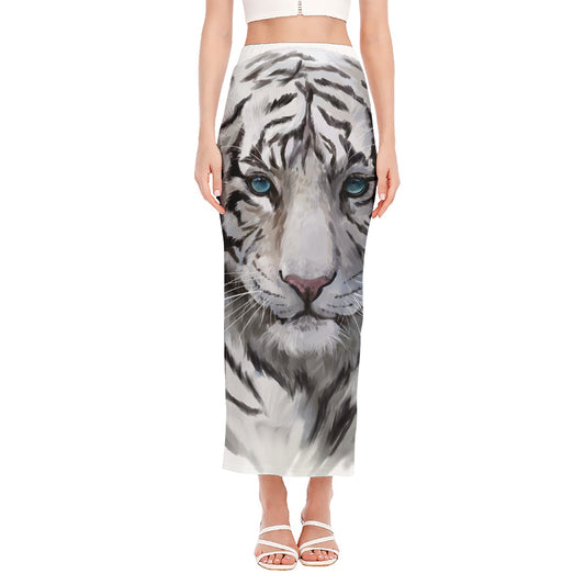 Watercolor White Bengal Tiger Print Side Slit Maxi Skirt
