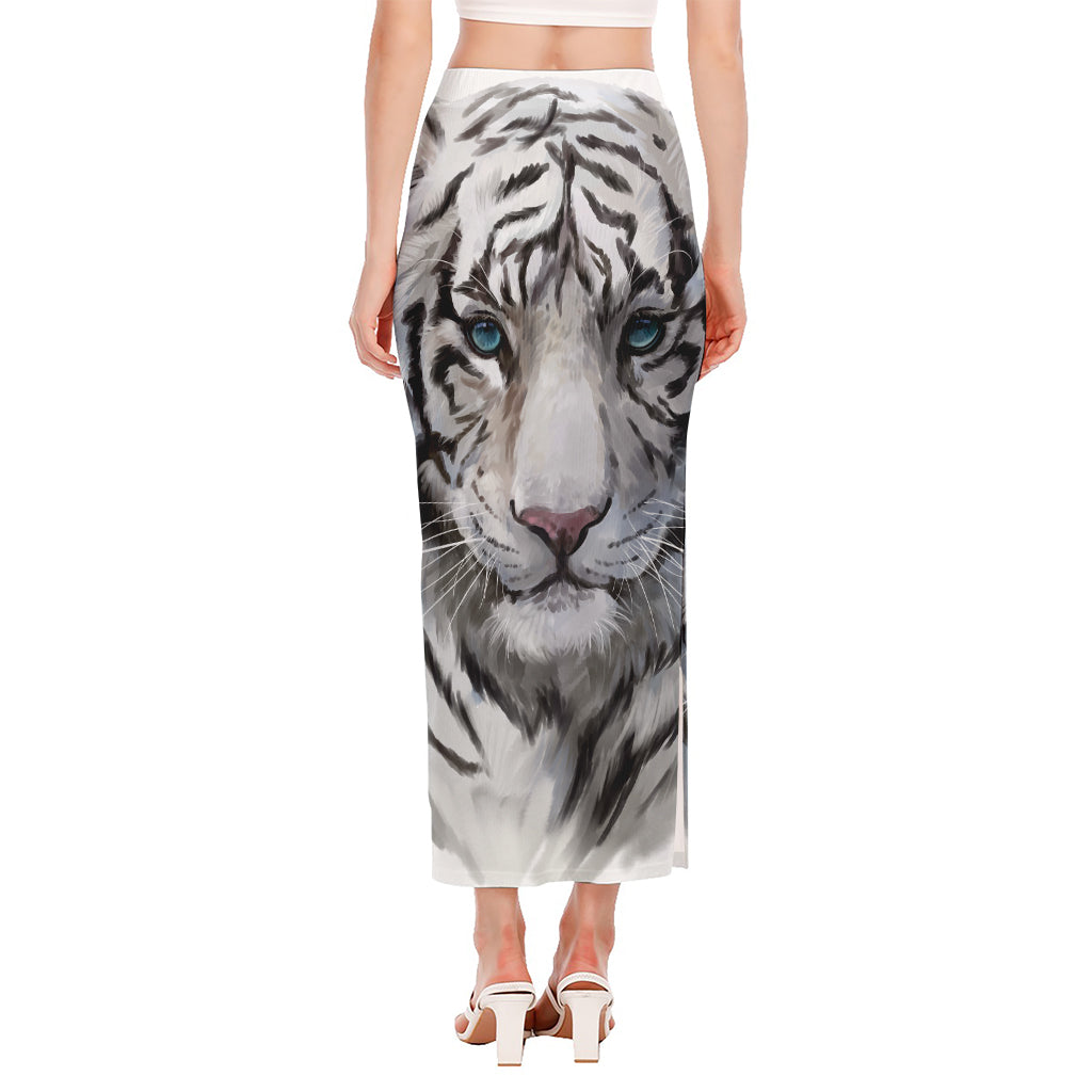 Watercolor White Bengal Tiger Print Side Slit Maxi Skirt