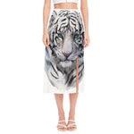 Watercolor White Bengal Tiger Print Side Slit Midi Skirt