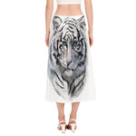 Watercolor White Bengal Tiger Print Side Slit Midi Skirt