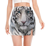 Watercolor White Bengal Tiger Print Side Slit Mini Skirt