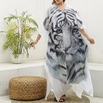 Watercolor White Bengal Tiger Print Silk V-Neck Kaftan Dress