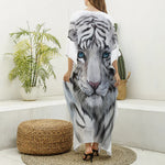 Watercolor White Bengal Tiger Print Silk V-Neck Kaftan Dress