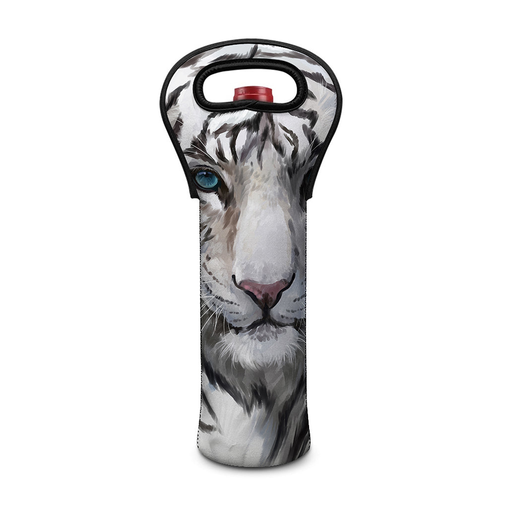 Watercolor White Bengal Tiger Print Single Neoprene Wine Tote
