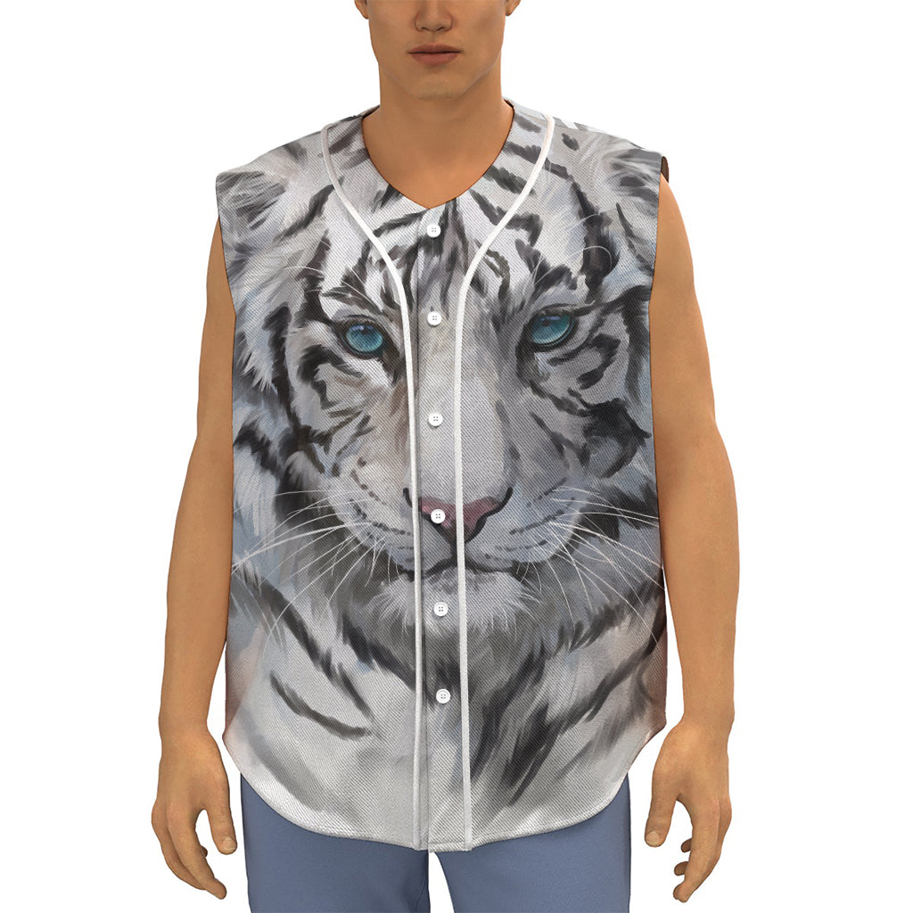 Watercolor White Bengal Tiger Print Sleeveless Baseball Jersey