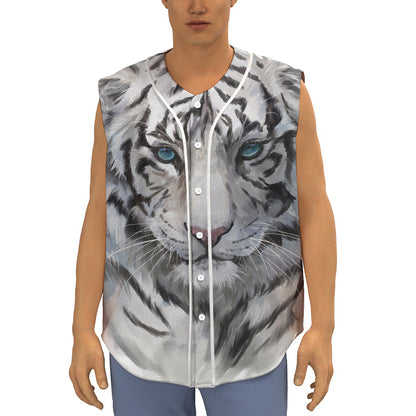 Watercolor White Bengal Tiger Print Sleeveless Baseball Jersey