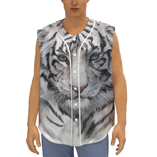 Watercolor White Bengal Tiger Print Sleeveless Baseball Jersey