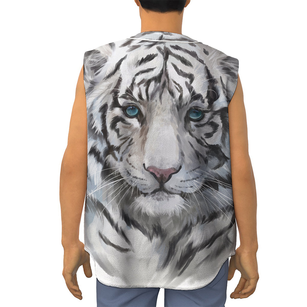 Watercolor White Bengal Tiger Print Sleeveless Baseball Jersey