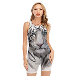Watercolor White Bengal Tiger Print Sleeveless One Piece Swimsuit