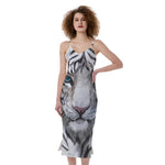 Watercolor White Bengal Tiger Print Slim Fit Midi Cami Dress