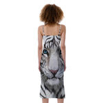Watercolor White Bengal Tiger Print Slim Fit Midi Cami Dress