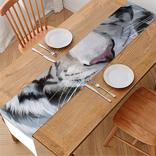 Watercolor White Bengal Tiger Print Table Runner