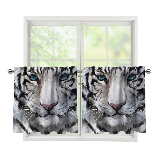 Watercolor White Bengal Tiger Print Tier Curtains