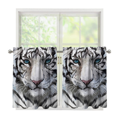 Watercolor White Bengal Tiger Print Tier Curtains