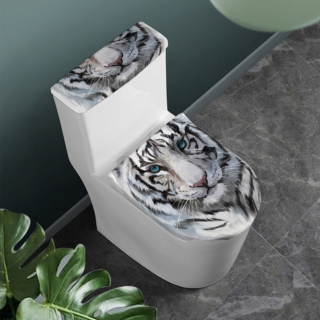 Watercolor White Bengal Tiger Print Toilet Lid And Tank Cover Set