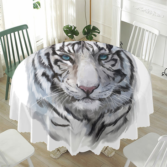 Watercolor White Bengal Tiger Print Waterproof Round Tablecloth