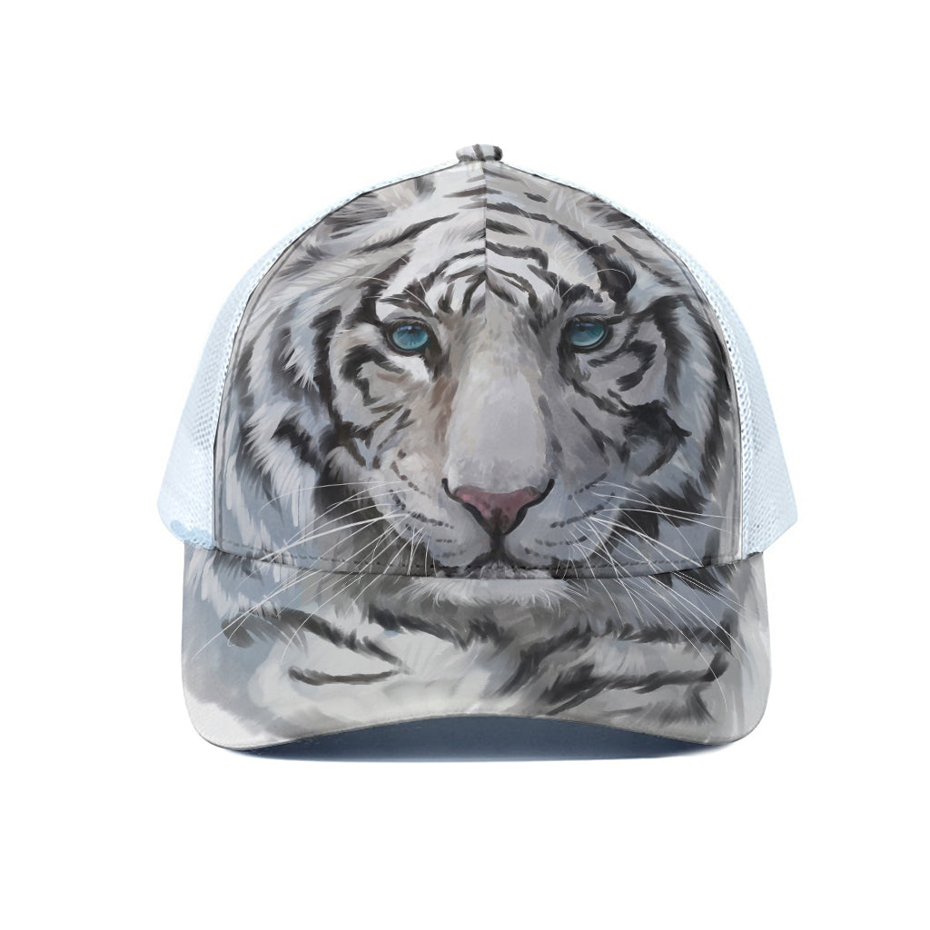 Watercolor White Bengal Tiger Print White Mesh Trucker Cap