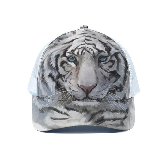 Watercolor White Bengal Tiger Print White Mesh Trucker Cap