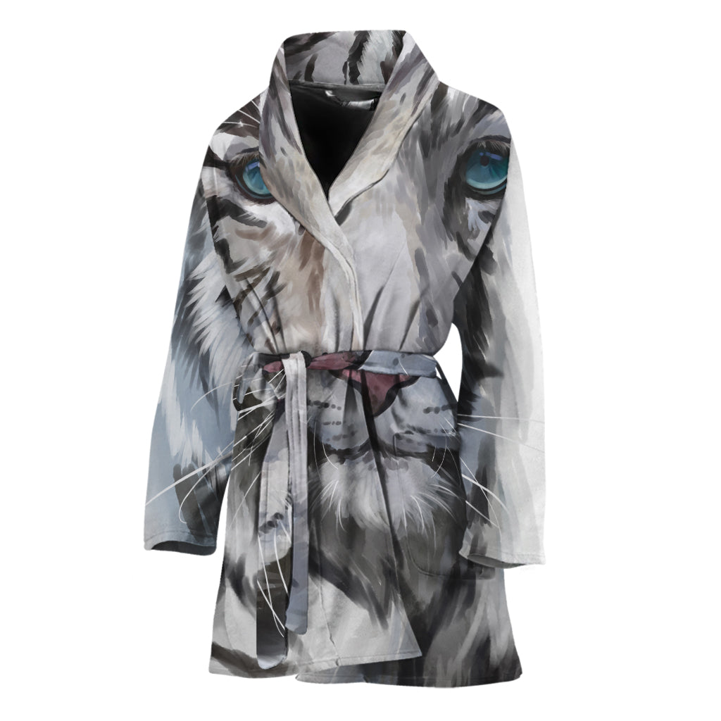Watercolor White Bengal Tiger Print Women's Bathrobe