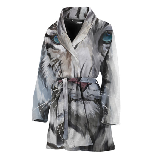 Watercolor White Bengal Tiger Print Women's Bathrobe