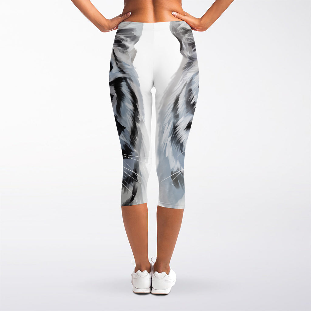 Watercolor White Bengal Tiger Print Women's Capri Leggings