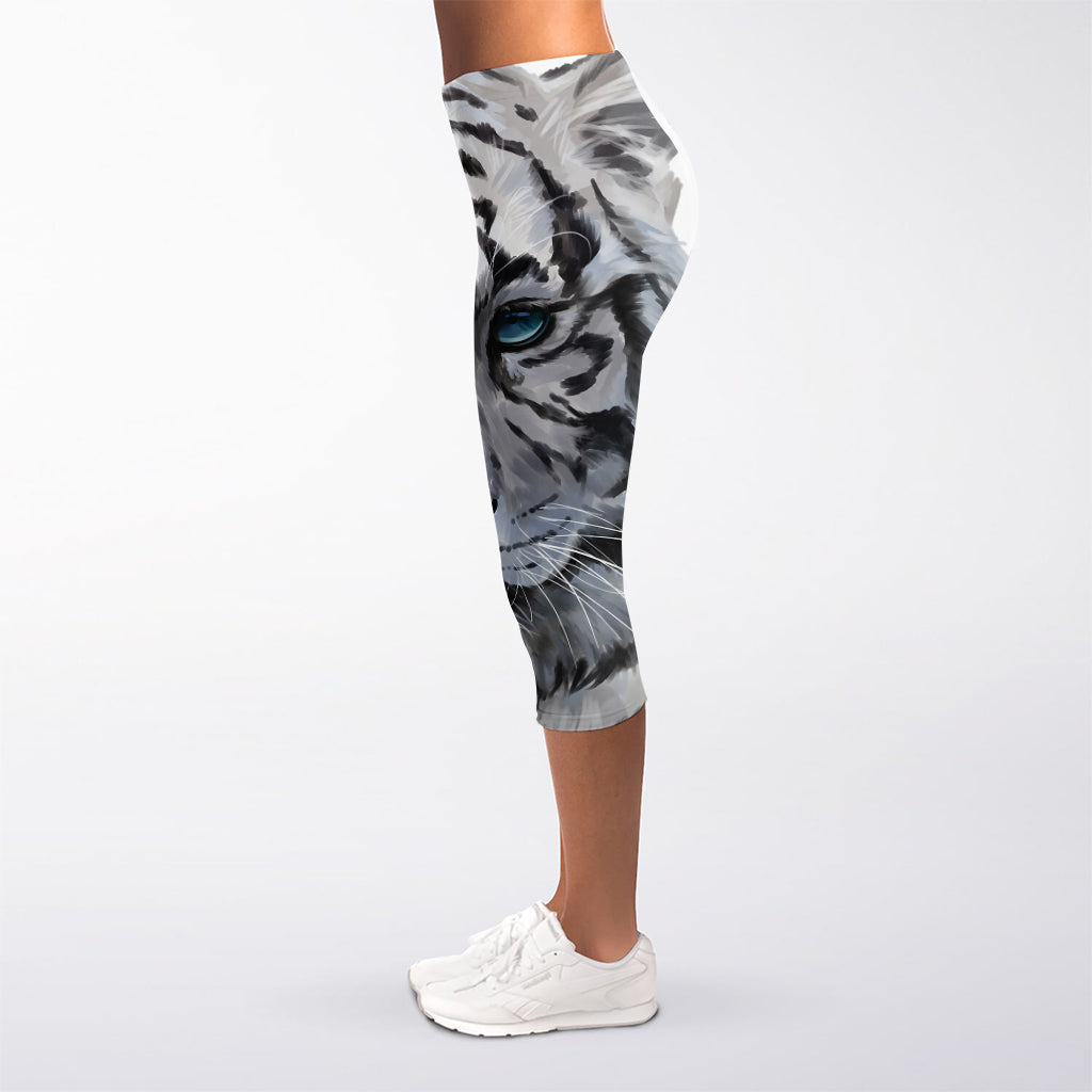 Watercolor White Bengal Tiger Print Women's Capri Leggings