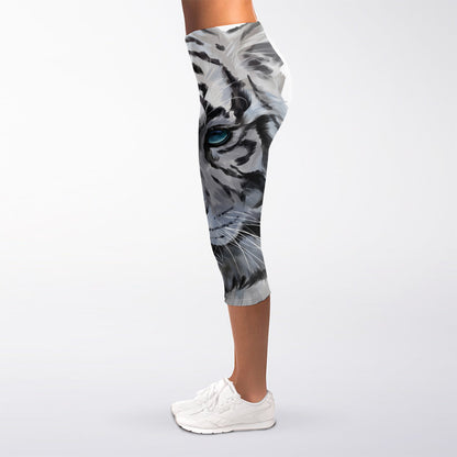 Watercolor White Bengal Tiger Print Women's Capri Leggings