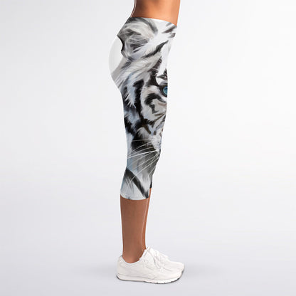 Watercolor White Bengal Tiger Print Women's Capri Leggings