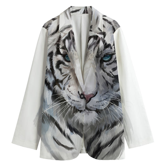 Watercolor White Bengal Tiger Print Women's Cotton Blazer