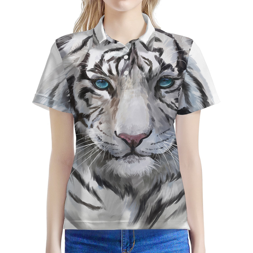 Watercolor White Bengal Tiger Print Women's Polo Shirt