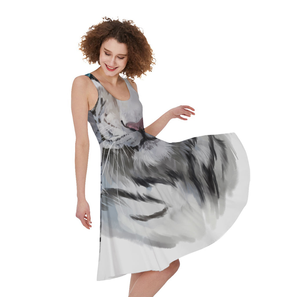 Watercolor White Bengal Tiger Print Women's Sleeveless Dress