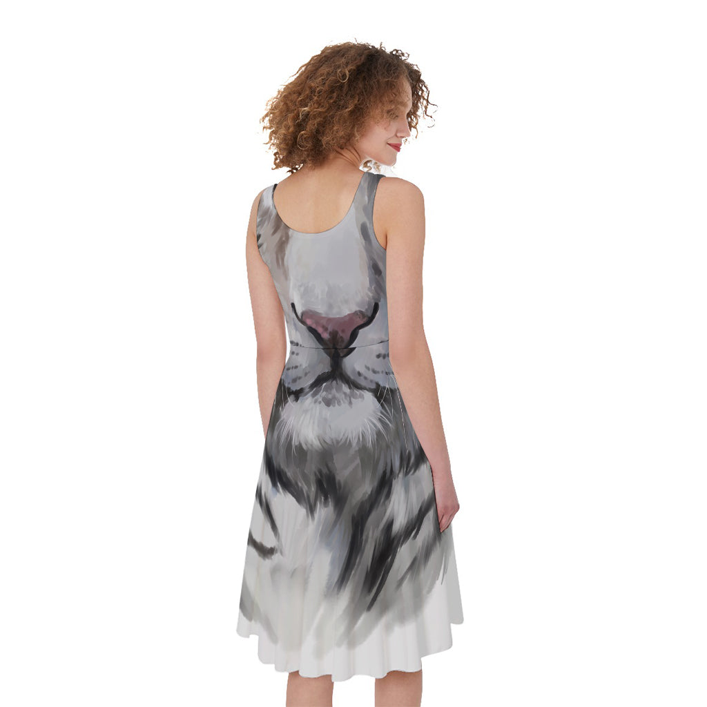 Watercolor White Bengal Tiger Print Women's Sleeveless Dress