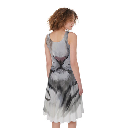 Watercolor White Bengal Tiger Print Women's Sleeveless Dress