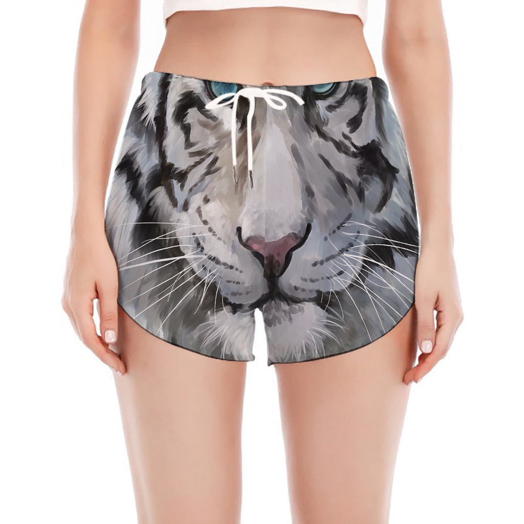 Watercolor White Bengal Tiger Print Women's Split Running Shorts