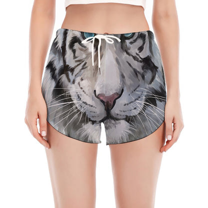 Watercolor White Bengal Tiger Print Women's Split Running Shorts