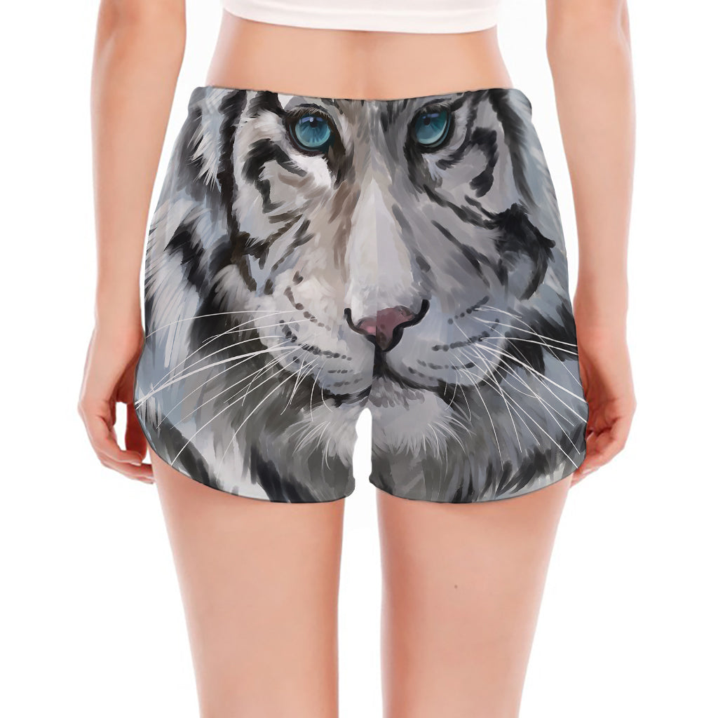 Watercolor White Bengal Tiger Print Women's Split Running Shorts