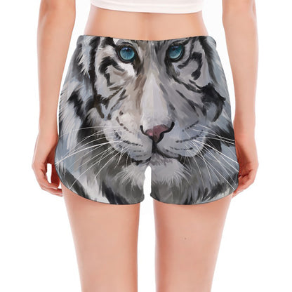 Watercolor White Bengal Tiger Print Women's Split Running Shorts