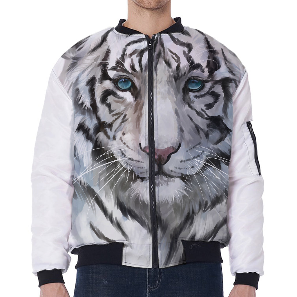 Watercolor White Bengal Tiger Print Zip Sleeve Bomber Jacket