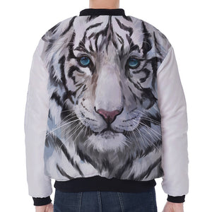 Watercolor White Bengal Tiger Print Zip Sleeve Bomber Jacket