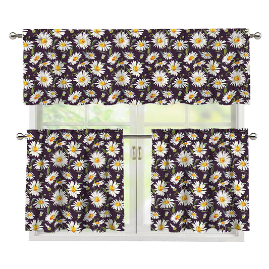 Watercolor White Daisy Pattern Print 3 Piece Kitchen Curtains