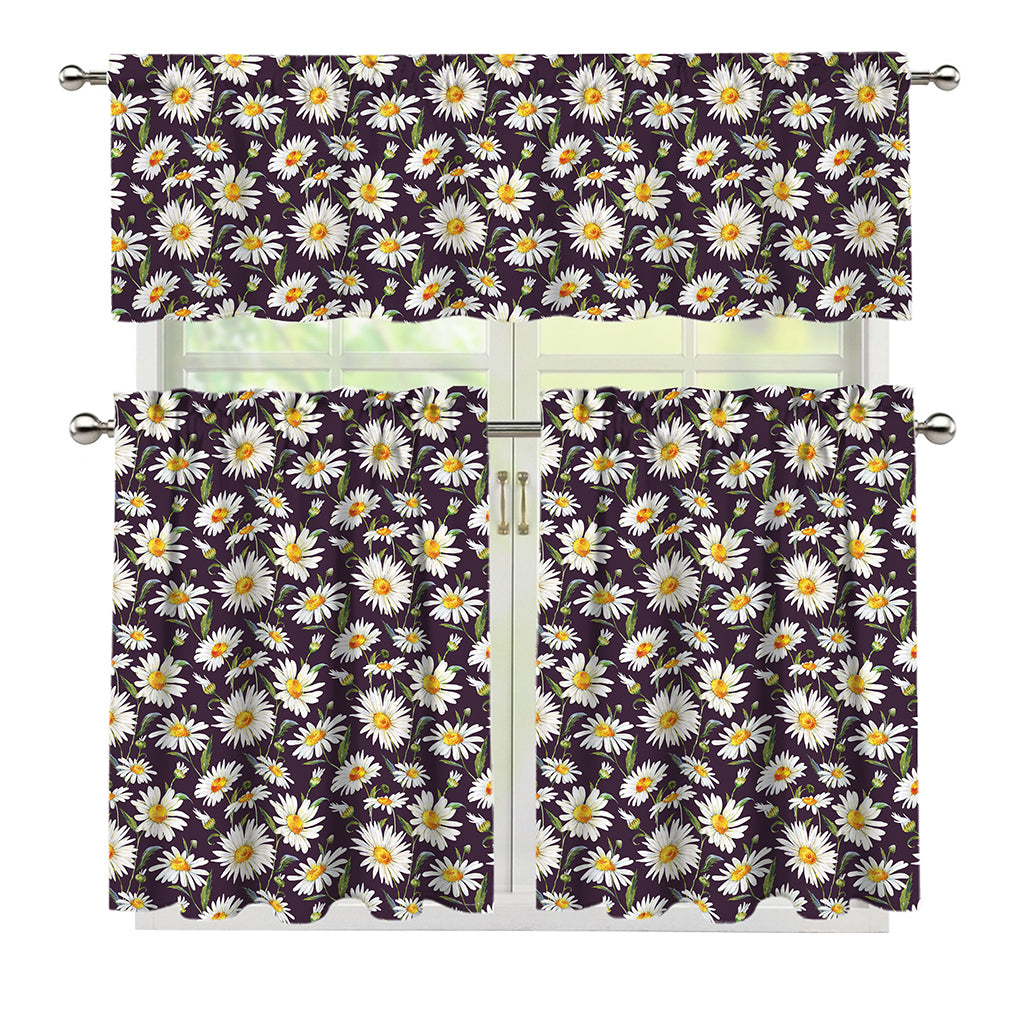 Watercolor White Daisy Pattern Print 3 Piece Kitchen Curtains