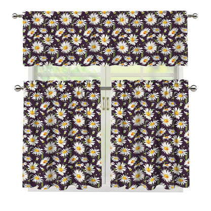Watercolor White Daisy Pattern Print 3 Piece Kitchen Curtains