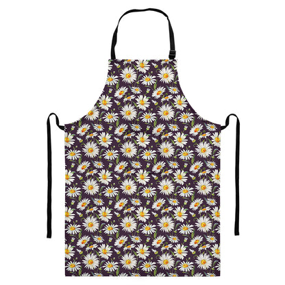 Watercolor White Daisy Pattern Print Bib Apron With Pocket