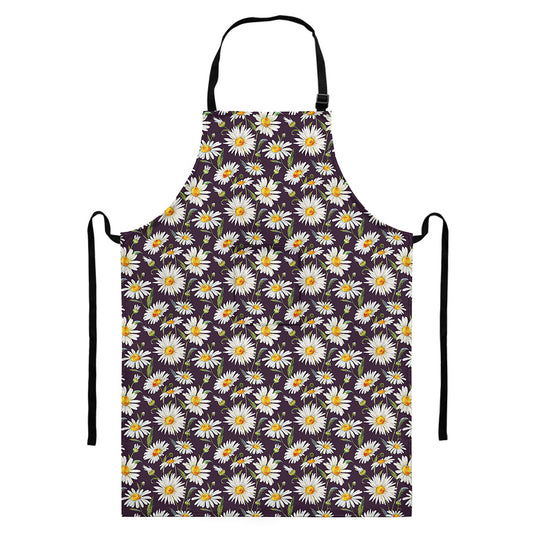 Watercolor White Daisy Pattern Print Bib Apron With Pocket