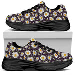 Watercolor White Daisy Pattern Print Black Chunky Shoes