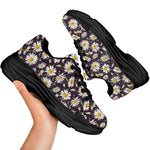 Watercolor White Daisy Pattern Print Black Chunky Shoes